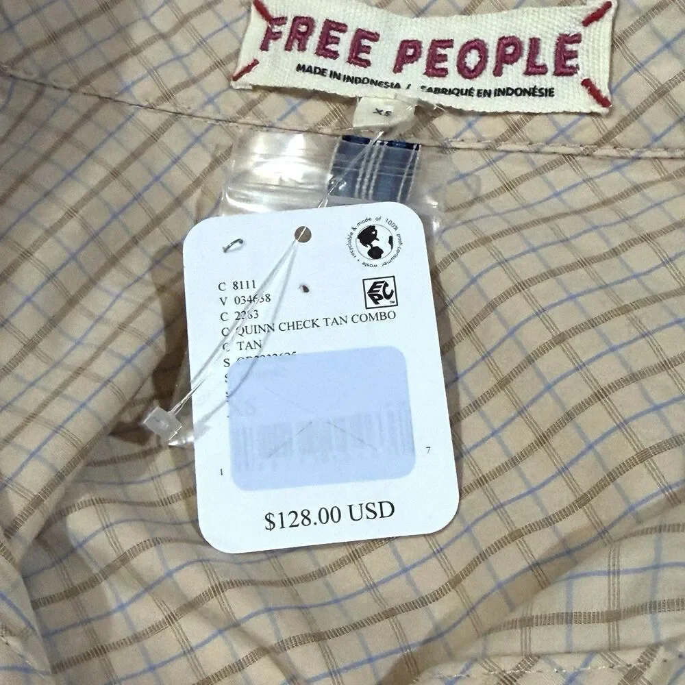 Free People Quinn Check Oversized Button Down Tan Combo NWT Size XS Boho